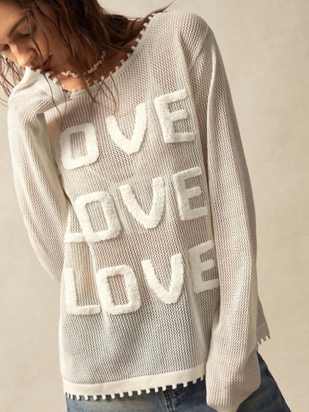 Love patch top long sleeve Knit 'LOVE' Pullover Sweater crochet- Cream white